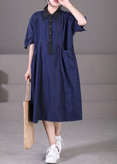 Casual Blue Peter Pan Collar Patchwork Wrinkled Cotton Vacation Denim Dresses Short Sleeve