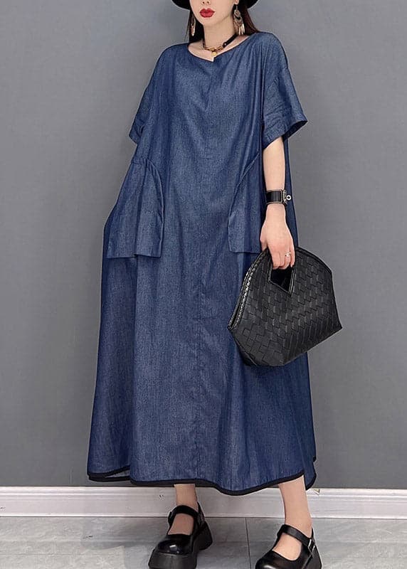 Casual Denim Blue O-Neck Pockets Long Dresses Short Sleeve