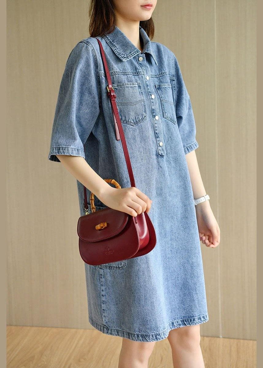 Casual Denim Blue Peter Pan Collar Pockets Summer Cotton Mid Dress Half Sleeve