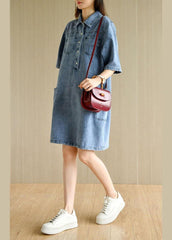 Casual Denim Blue Peter Pan Collar Pockets Summer Cotton Mid Dress Half Sleeve