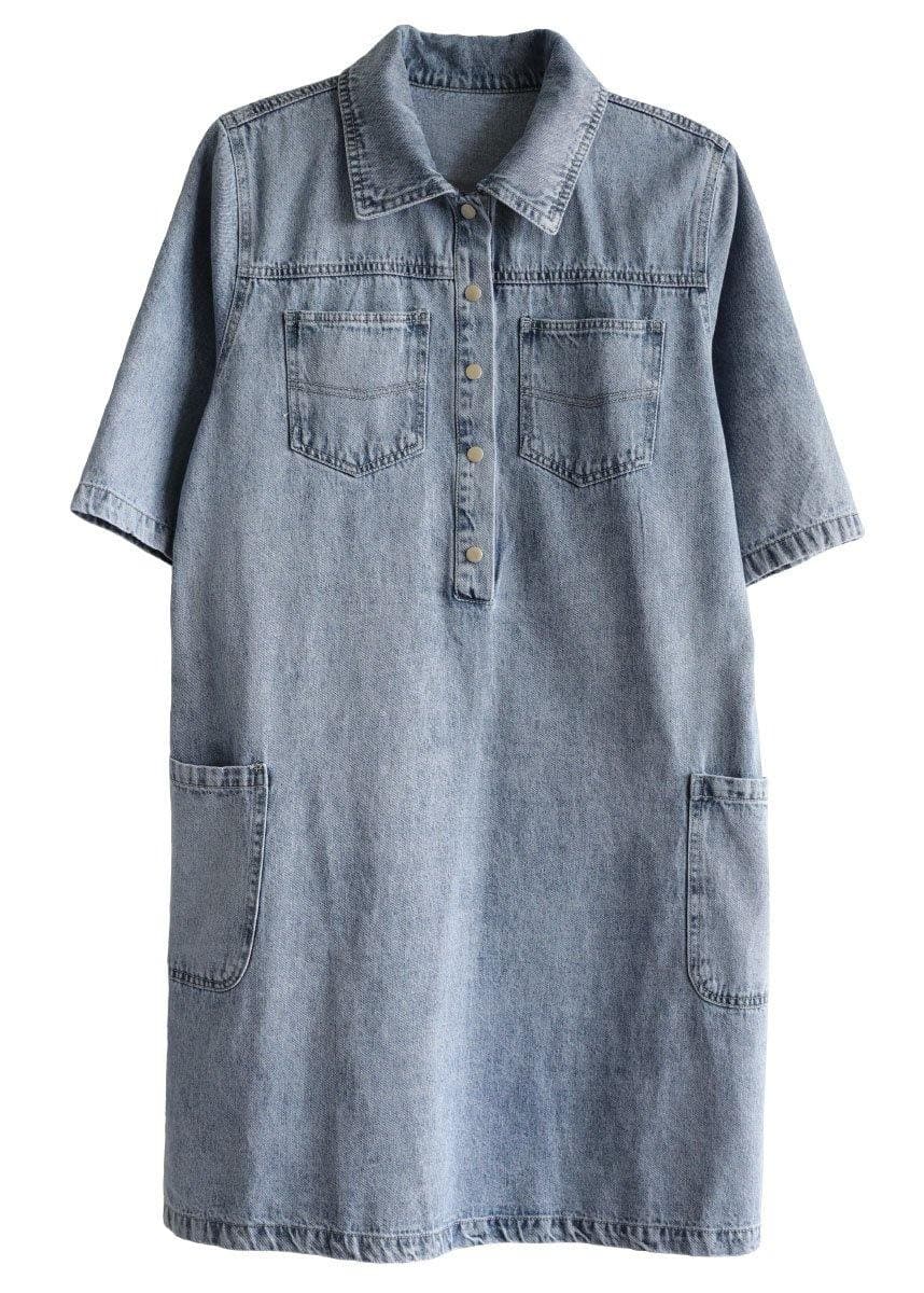 Casual Denim Blue Peter Pan Collar Pockets Summer Cotton Mid Dress Half Sleeve