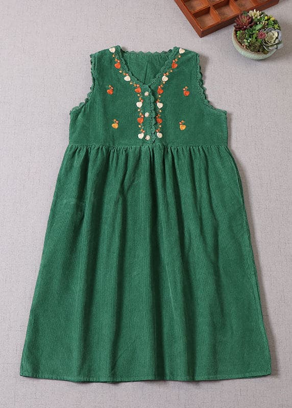 Robe de vacances décontractée en velours côtelé à patchwork brodé vert sans manches