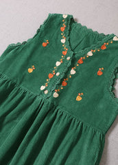 Robe de vacances décontractée en velours côtelé à patchwork brodé vert sans manches