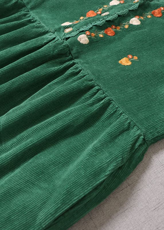 Robe de vacances décontractée en velours côtelé à patchwork brodé vert sans manches