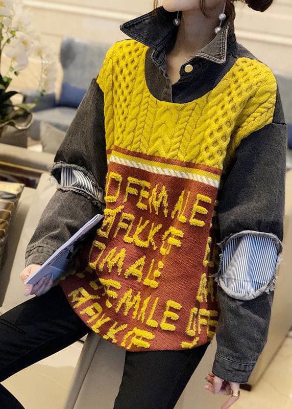 Haut en tricot jacquard ample en patchwork de denim jaune décontracté pour l'automne