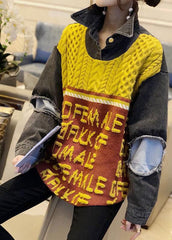 Haut en tricot jacquard ample en patchwork de denim jaune décontracté pour l'automne