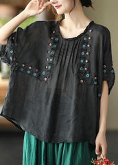 Chic Black O-Neck Embroideried Summer Ramie Half Sleeve