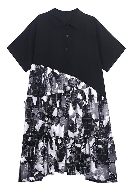 Robe longue d'été chic à boutons en coton imprimé patchwork noir