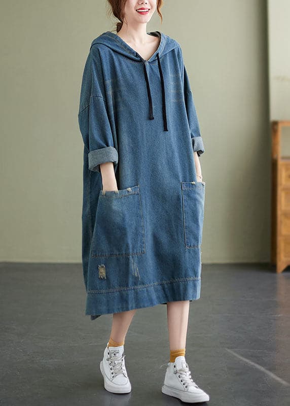 Chic Blue Hooded drawstring denim Dress Spring