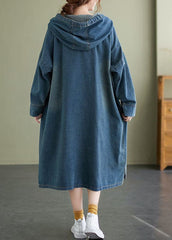 Chic Blue Hooded drawstring denim Dress Spring