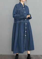 Chic Navy Peter Pan Collar Button Pockets wrinkled Denim Dress Spring