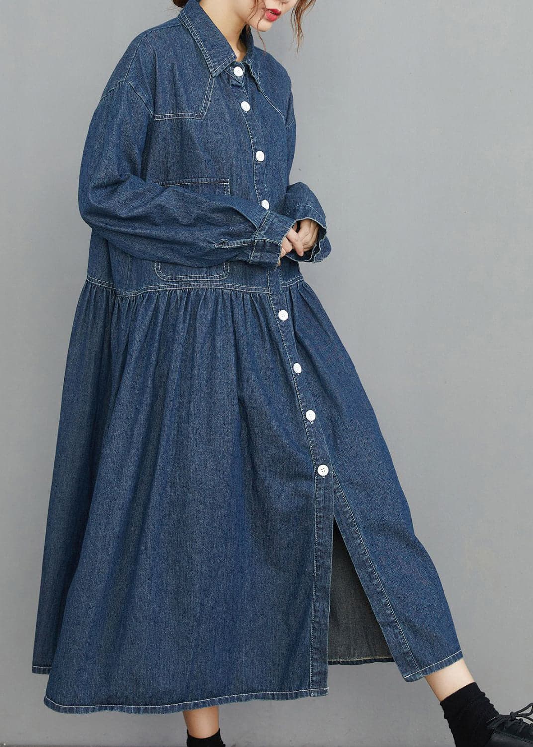 Chic Navy Peter Pan Collar Button Pockets wrinkled Denim Dress Spring