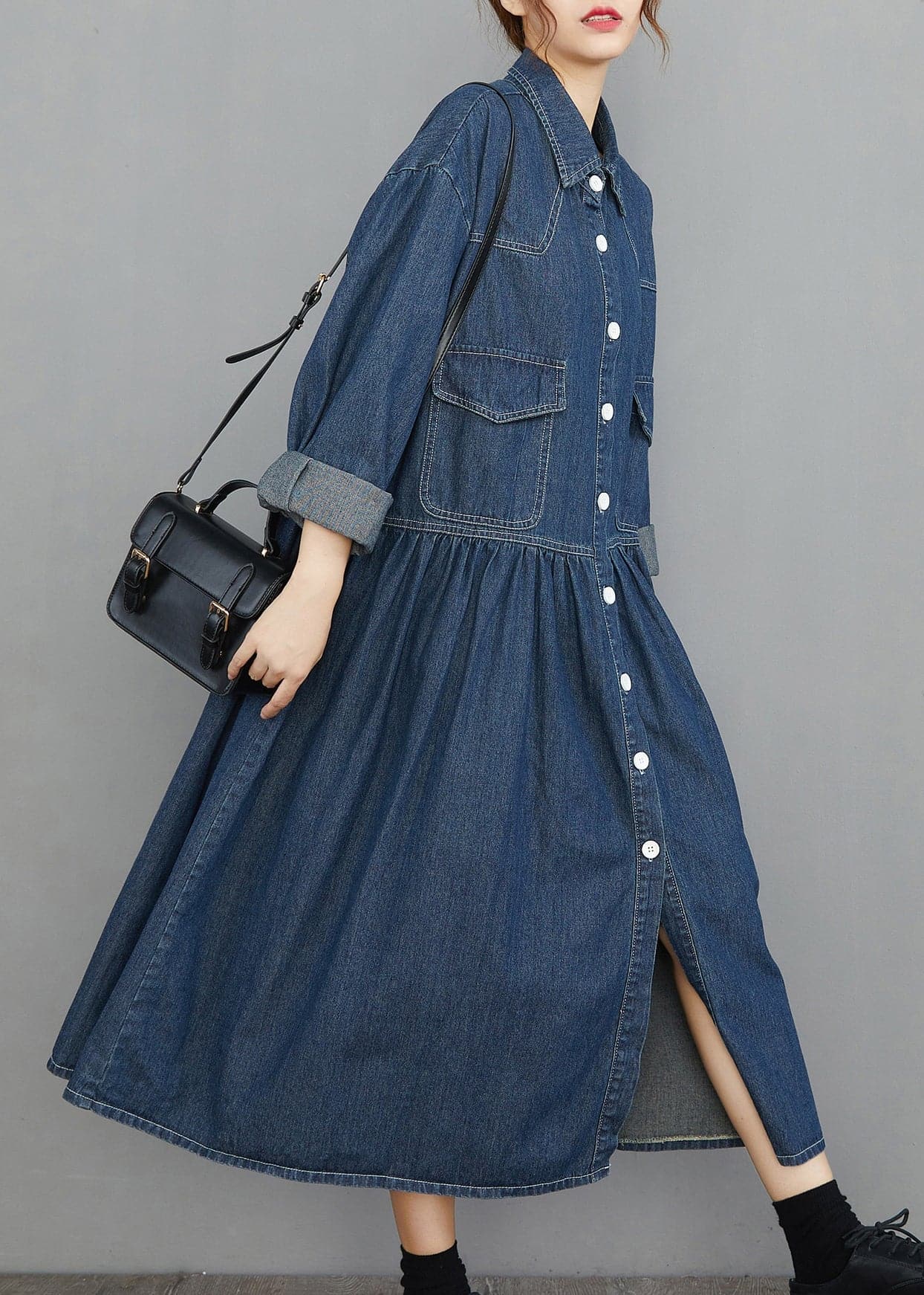 Chic Navy Peter Pan Collar Button Pockets wrinkled Denim Dress Spring