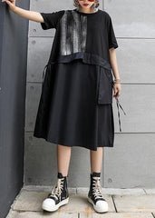 Chic black Cotton Long Shirts o neck patchwork Art summer Dress