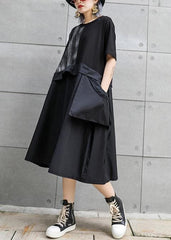 Chic black Cotton Long Shirts o neck patchwork Art summer Dress