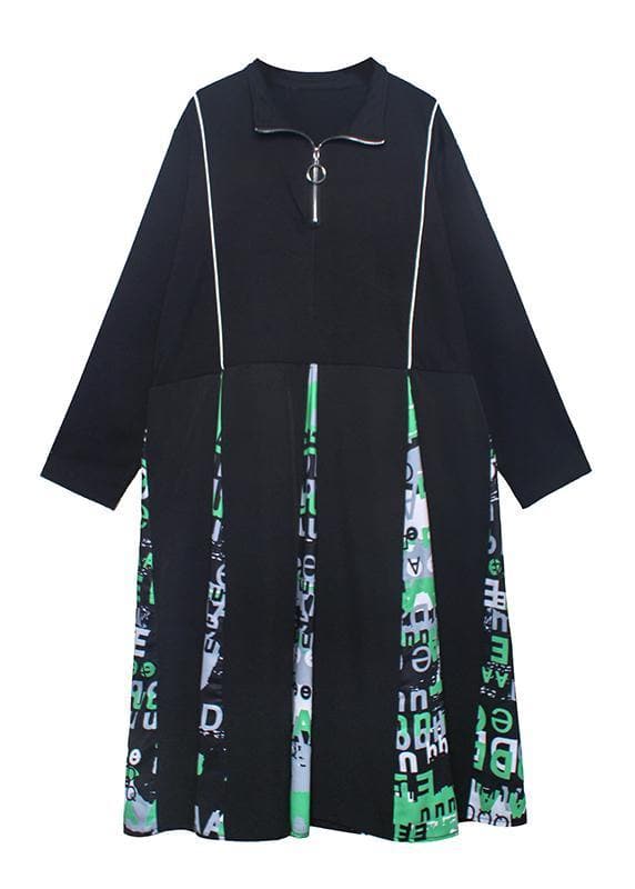 Chic black Letter dress stand collar zippered Plus Size Dress