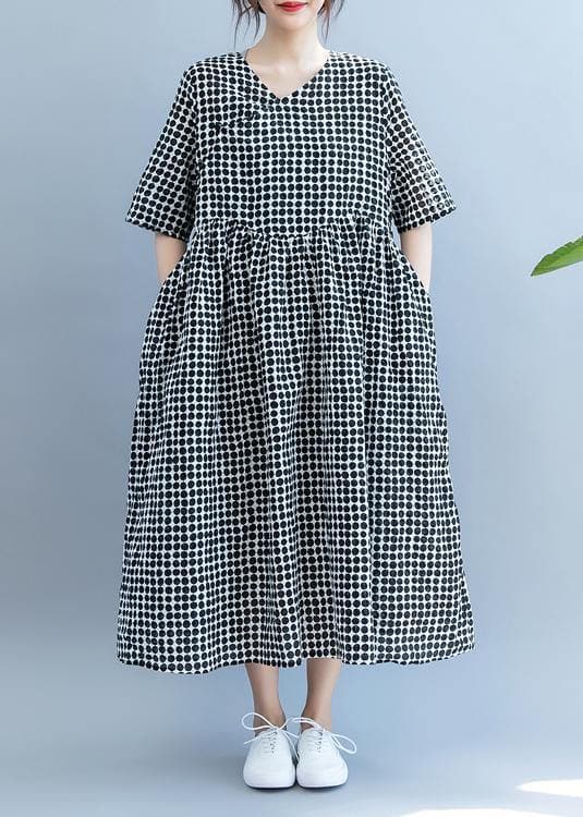 Chic black dotted Long Shirts v neck pockets Maxi summer Dress