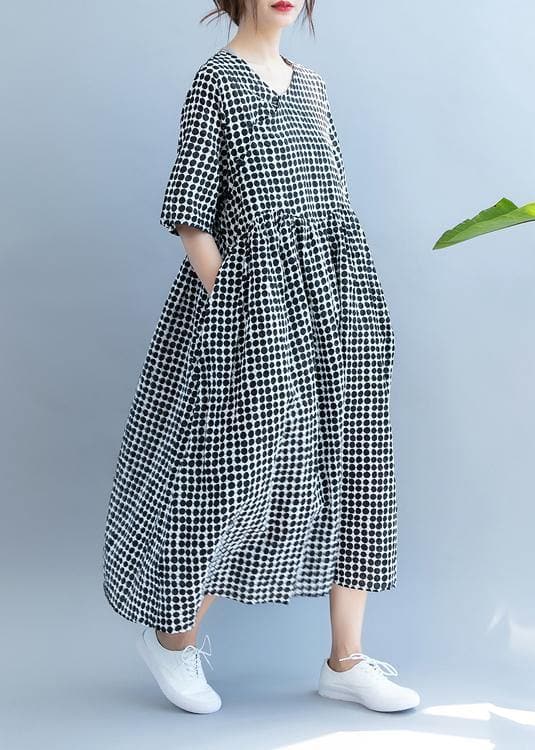 Chic black dotted Long Shirts v neck pockets Maxi summer Dress