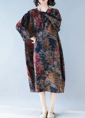 Robe tunique en coton fleuri chic col rond robes caftan amples