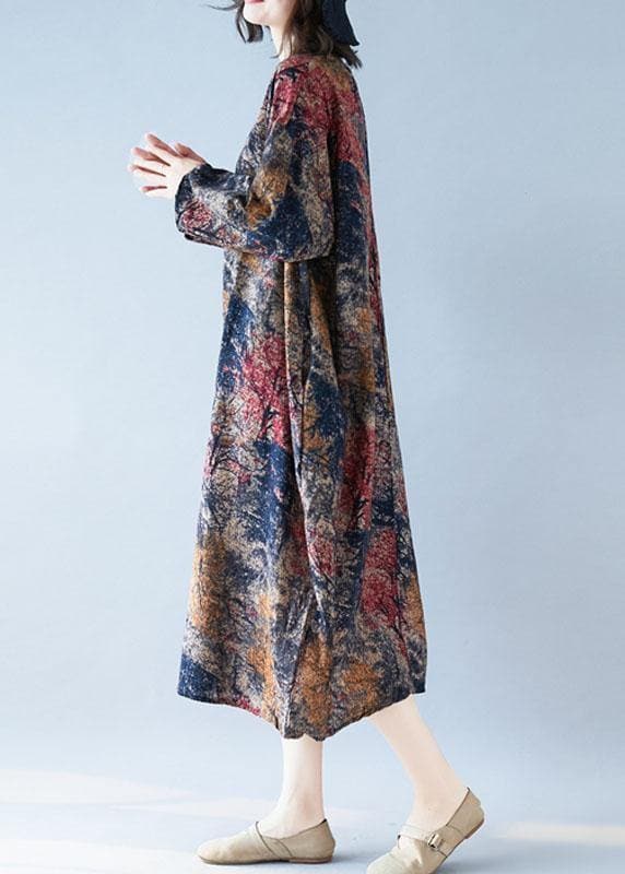 Robe tunique en coton fleuri chic col rond robes caftan amples