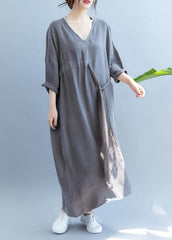 Chic gray clothes For Women v neck drawstring long summer Dress