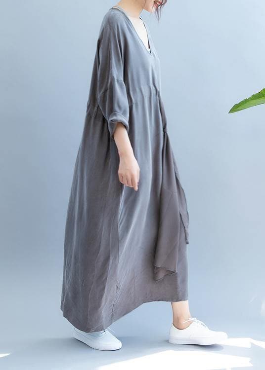 Chic gray clothes For Women v neck drawstring long summer Dress