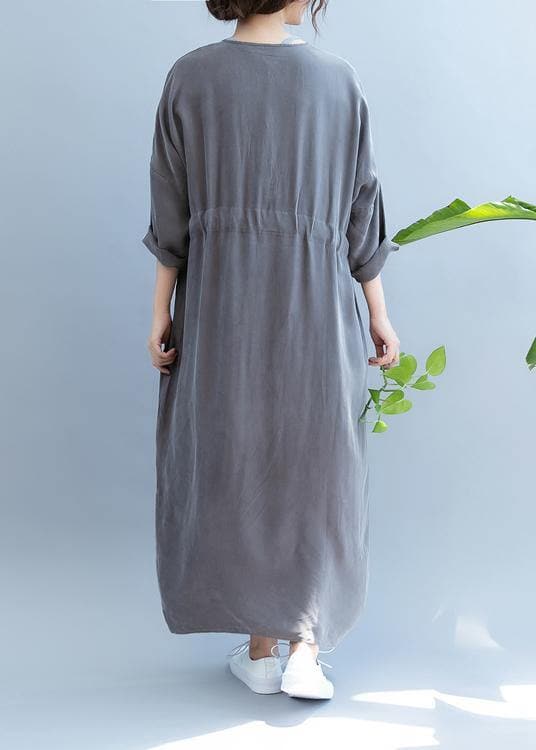 Chic gray clothes For Women v neck drawstring long summer Dress