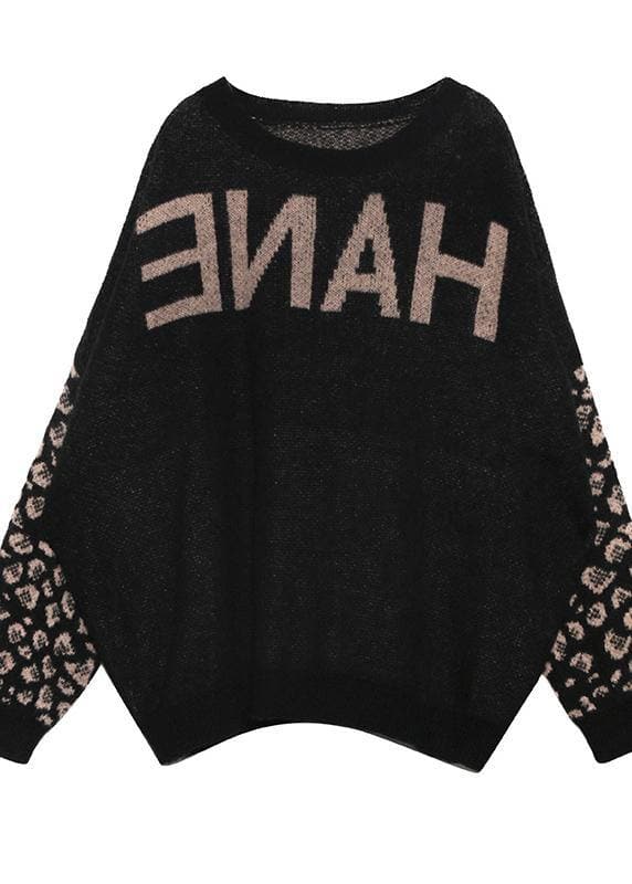 Chunky black print knit tops plus size clothing o neck patchwork knit tops