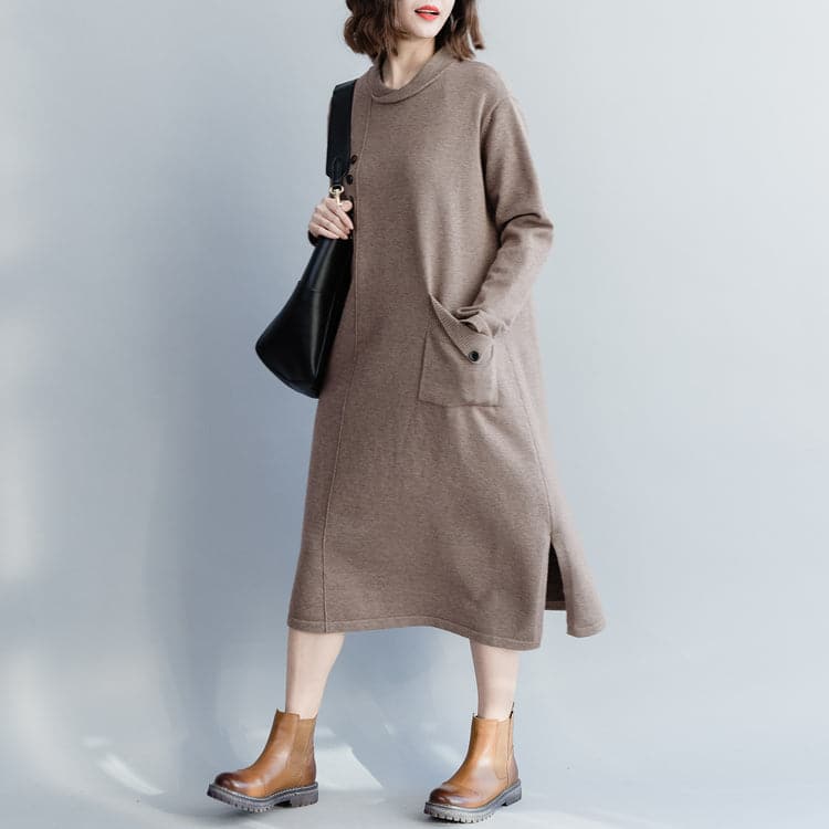 Chunky khaki Sweater Wardrobes Street Style Big O neck pockets knit dress