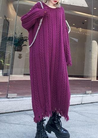 Chunky o neck tassel Sweater dress outfit Moda purple Ugly sweater dresses