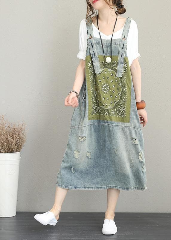 Edles Loch Spaghettiträger Baumwoll Tunika Muster Catwalk Denim Kleid