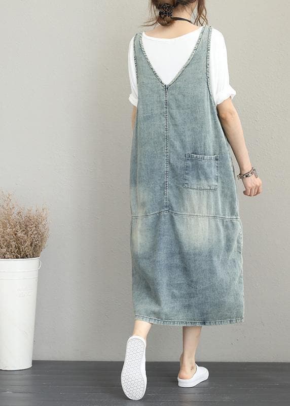 Edles Loch Spaghettiträger Baumwoll Tunika Muster Catwalk Denim Kleid