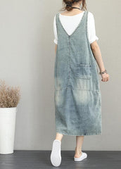 Edles Loch Spaghettiträger Baumwoll Tunika Muster Catwalk Denim Kleid