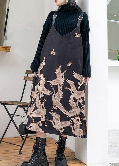 Robe longue en coton à bretelles spaghetti élégante avec imprimé noir