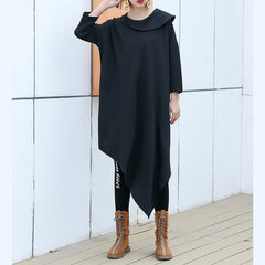 Classy Black Cotton Blend Clothes For Women Korea Runway O Neck Asymmetric Art Dress