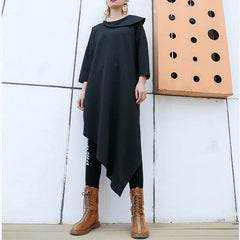 Classy Black Cotton Blend Clothes For Women Korea Runway O Neck Asymmetric Art Dress