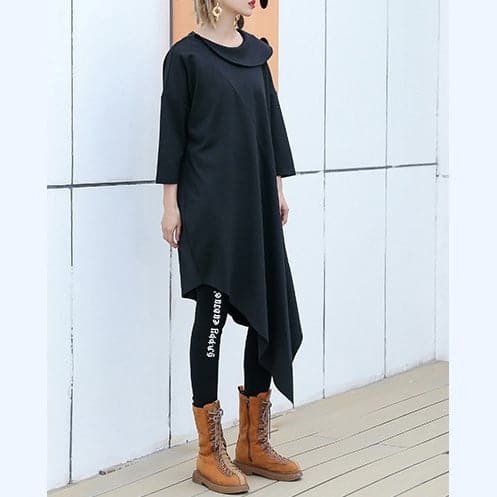 Classy Black Cotton Blend Clothes For Women Korea Runway O Neck Asymmetric Art Dress