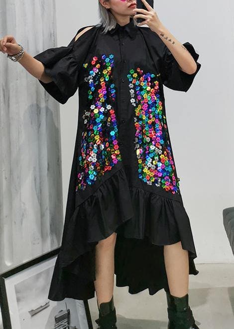 Edle schwarze Baumwoll-Tunika mit Revers und Patchwork-Kaftan-Sommerkleider