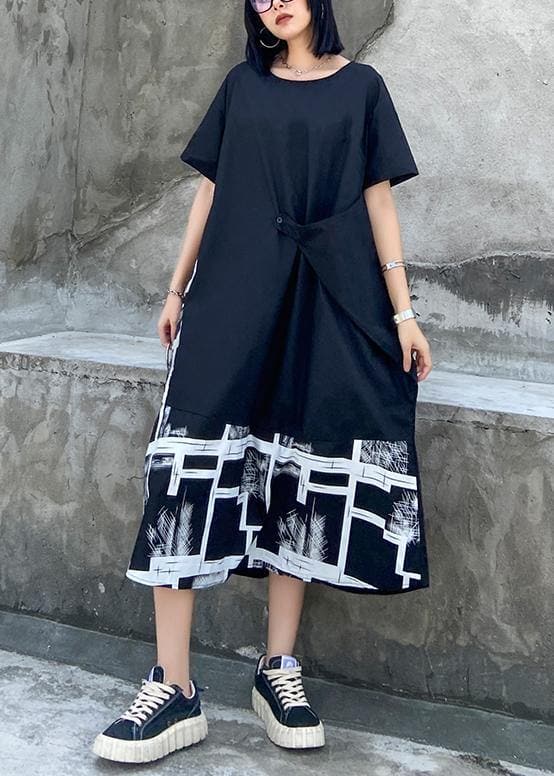 Classy black print clothes For Women o neck asymmetric Robe summer Dress