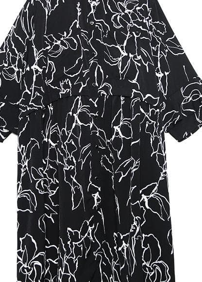 Classy black print silk Cotton dresses Tunic Tops Square Collar European Art Summer Dress