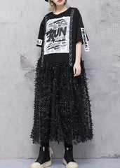 Classy black prints cotton dresses patchwork tulle Art summer Dress