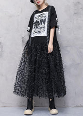 Classy black prints cotton dresses patchwork tulle Art summer Dress