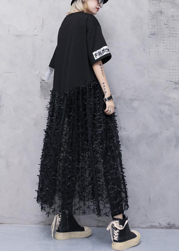 Classy black prints cotton dresses patchwork tulle Art summer Dress