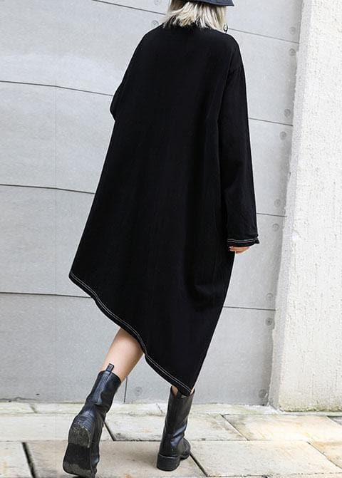 Classy black stand collar zippered cotton dress asymmetric Maxi fall Dresses