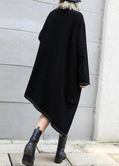 Classy black stand collar zippered cotton dress asymmetric Maxi fall Dresses