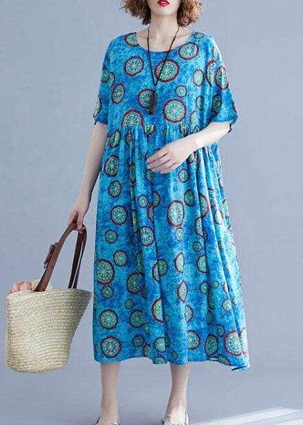 Edle blau bedruckte Baumwollkleider mit O-Ausschnitt und Taschen, Kaftan-Sommerkleider