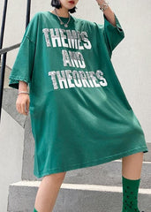 Classy green Cotton tunic dresso neck Letter Midi summer Dress