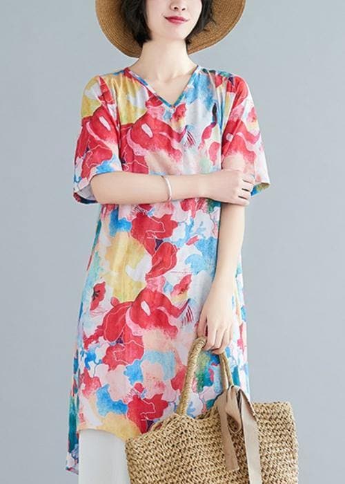 Classy red print cotton clothes v neck asymmetric oversized shirts