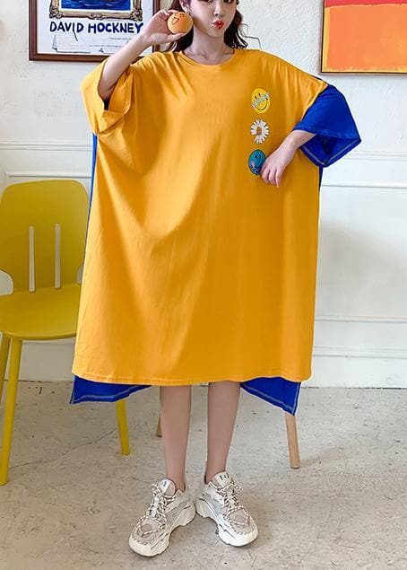 Edle gelbe Smiley-Druckkleidung für Damen, O-Ausschnitt, Patchwork-Kunstkleid