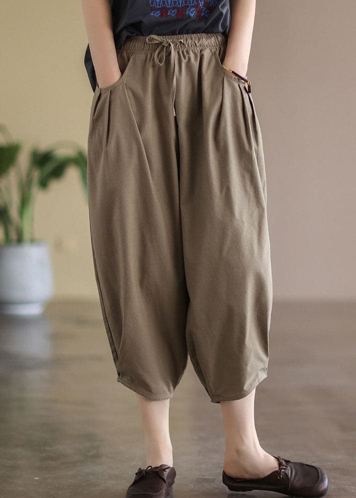 Coffee Loose Linen Harem Pants Elastic Waist Drawstring Summer